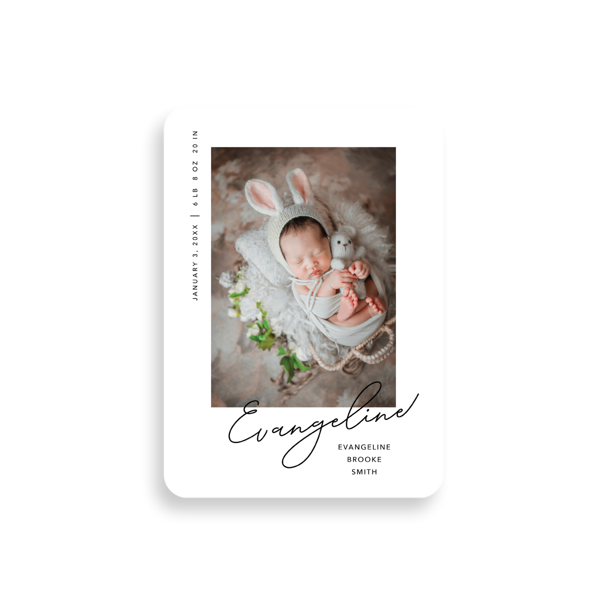 Beauty Script birth announcement rounded corners