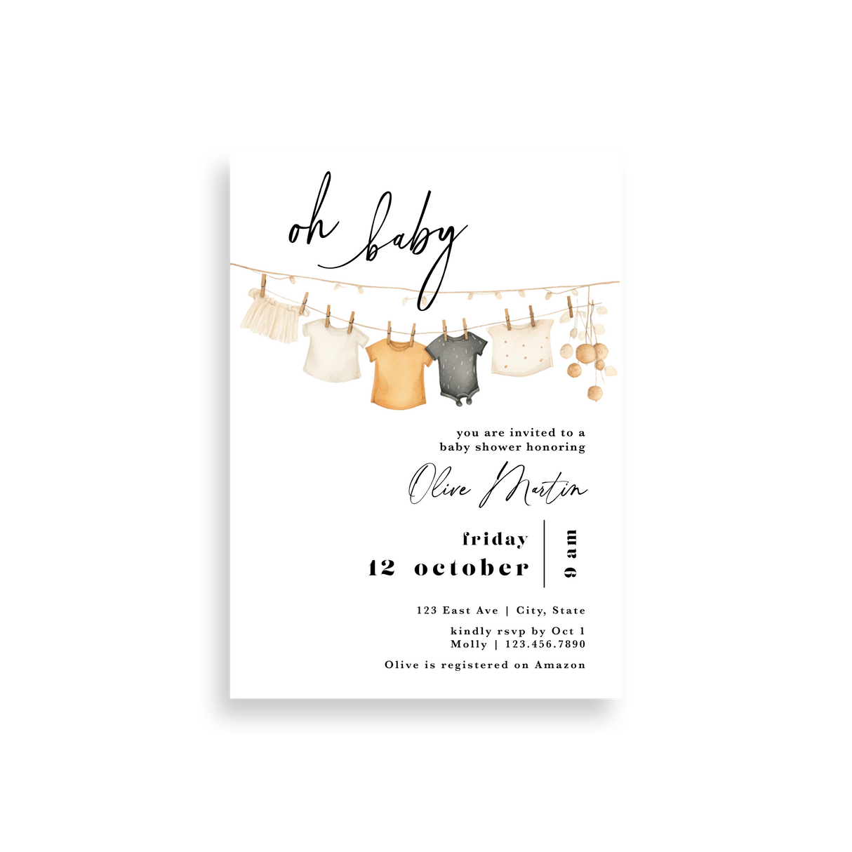 Clothesline baby shower invitation