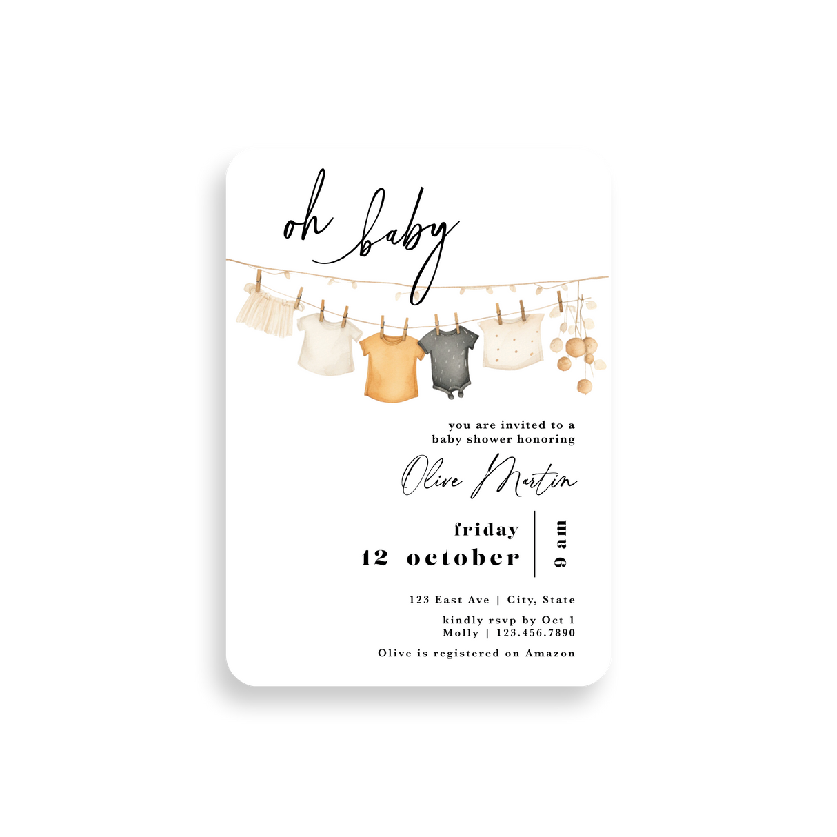 Clothesline baby shower invitation rounded corners