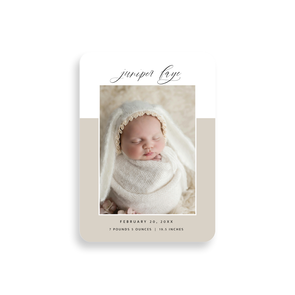 Half Page Tan birth announcement rounded corners