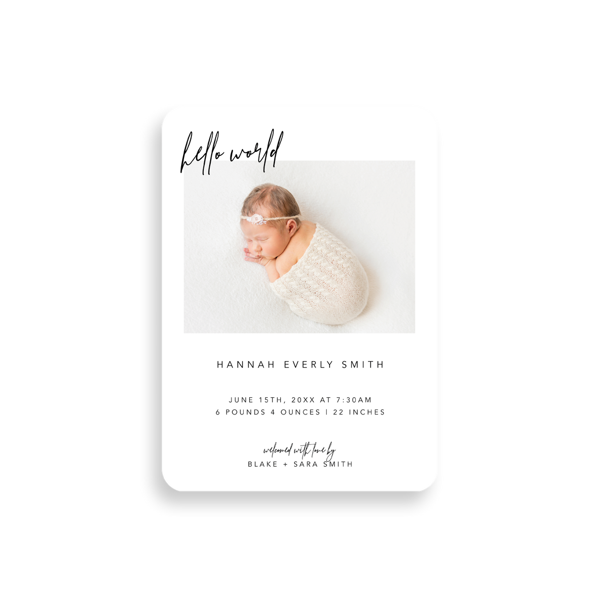Hello World birth announcement rounded corners