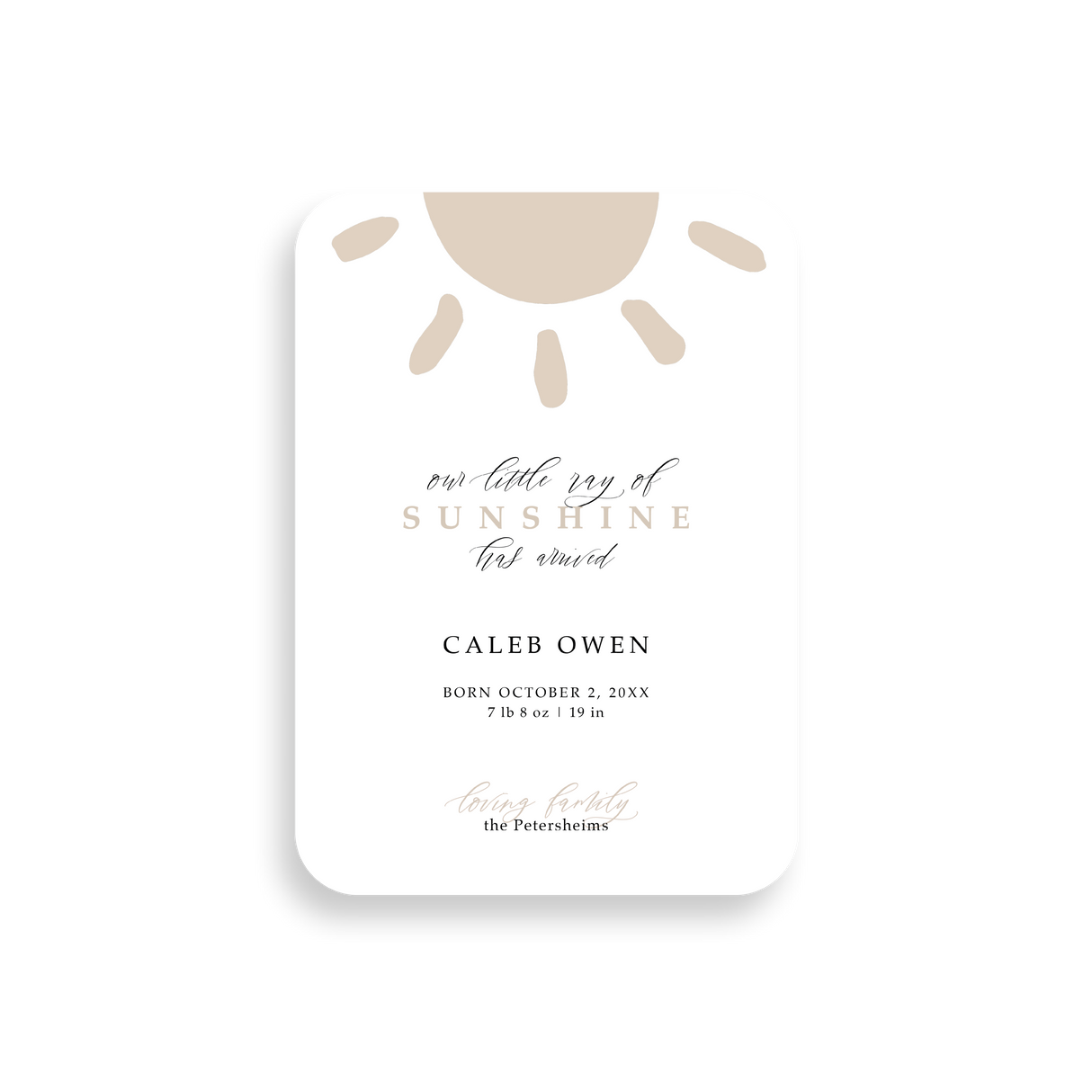 Little Ray of Sunshine birth announcement rounded corners