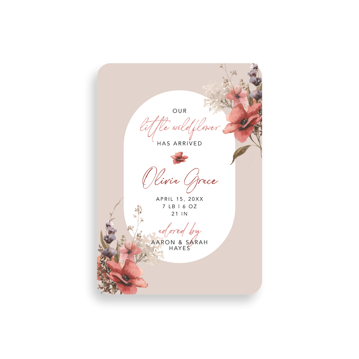 Little Wildflower birth announcement rounded corners