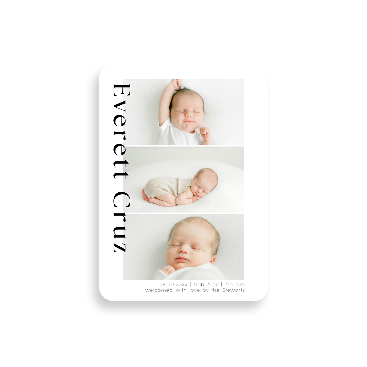 Modern Three Photo birth announcement rounded corners