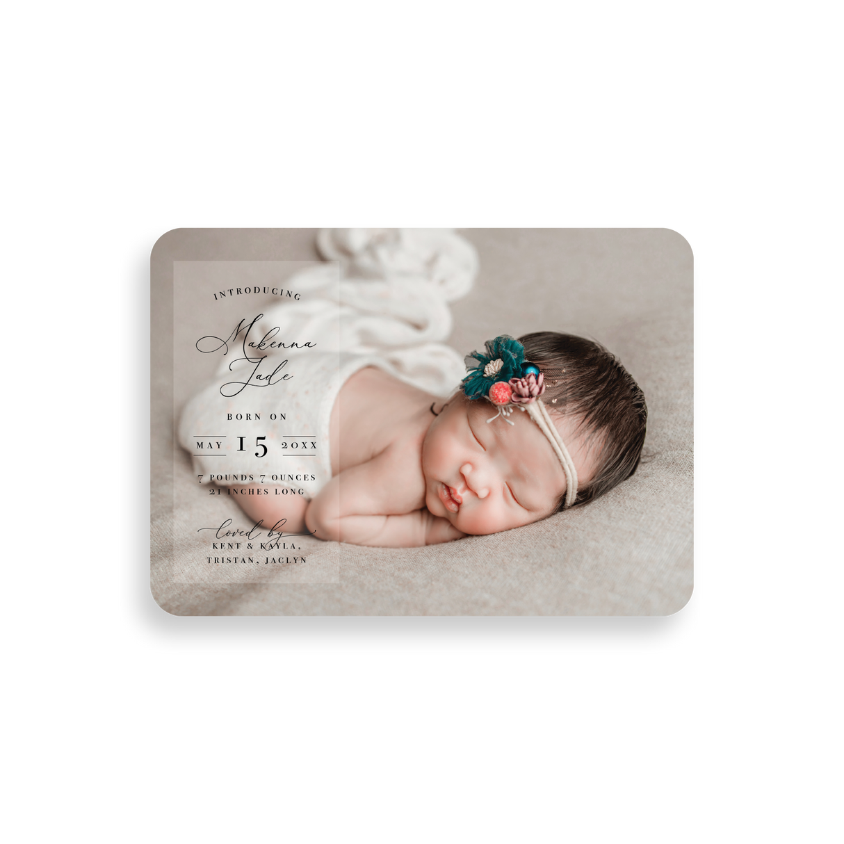 Vellum Strip birth announcement rounded corners