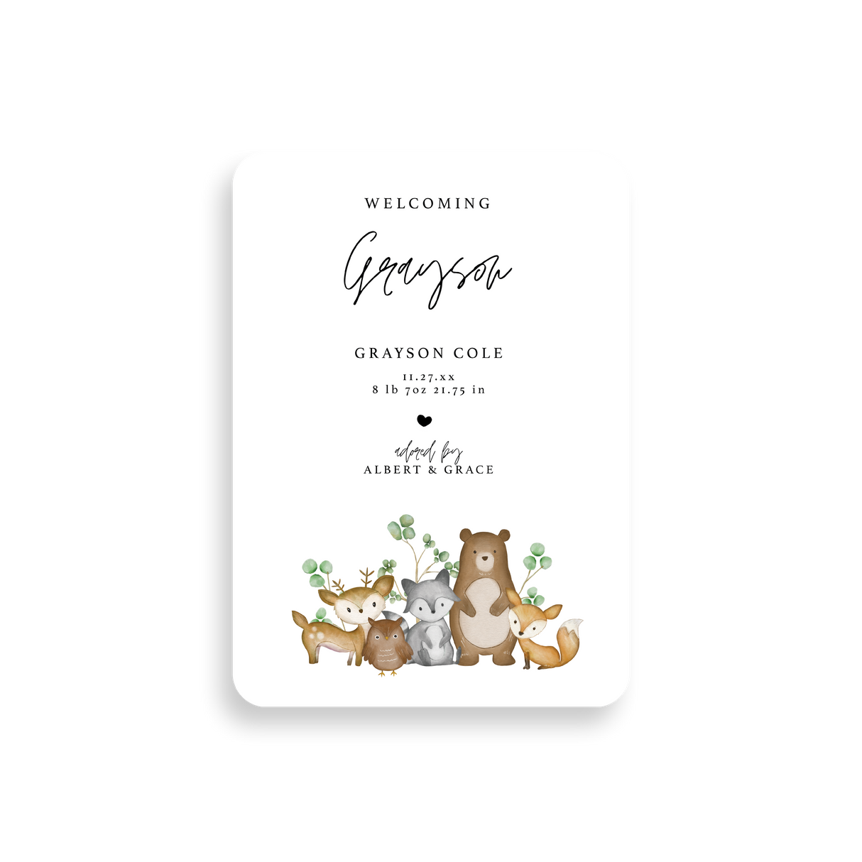 Woodland Creatures birth announcement rounded corners