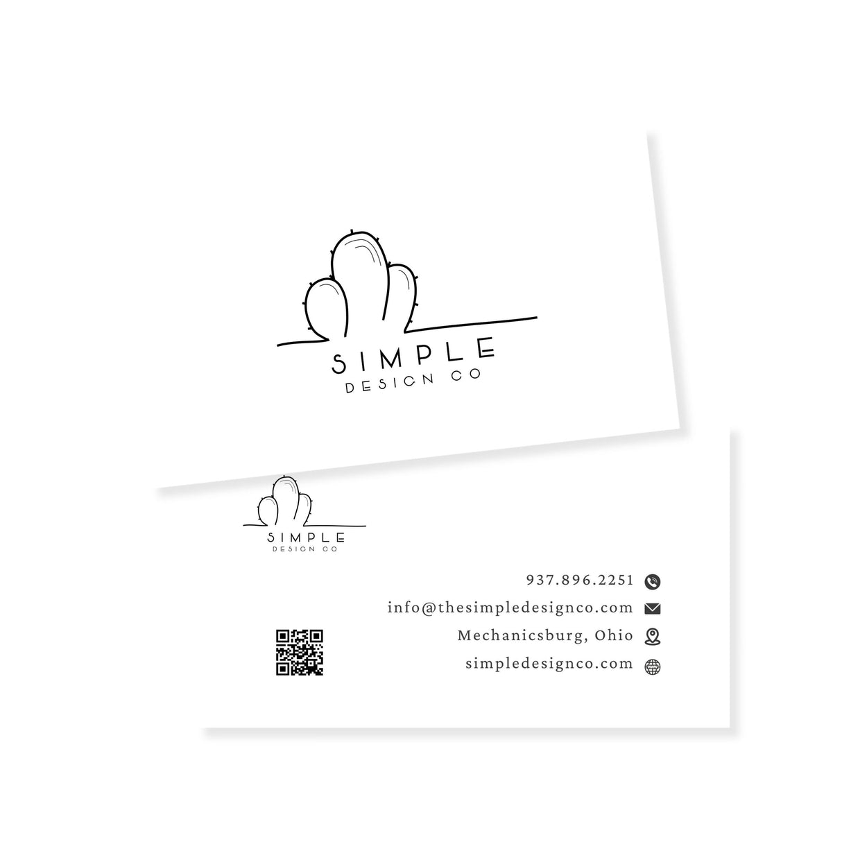 Simple Design Co business card front and back mockup with cactus logo, QR code, and contact details