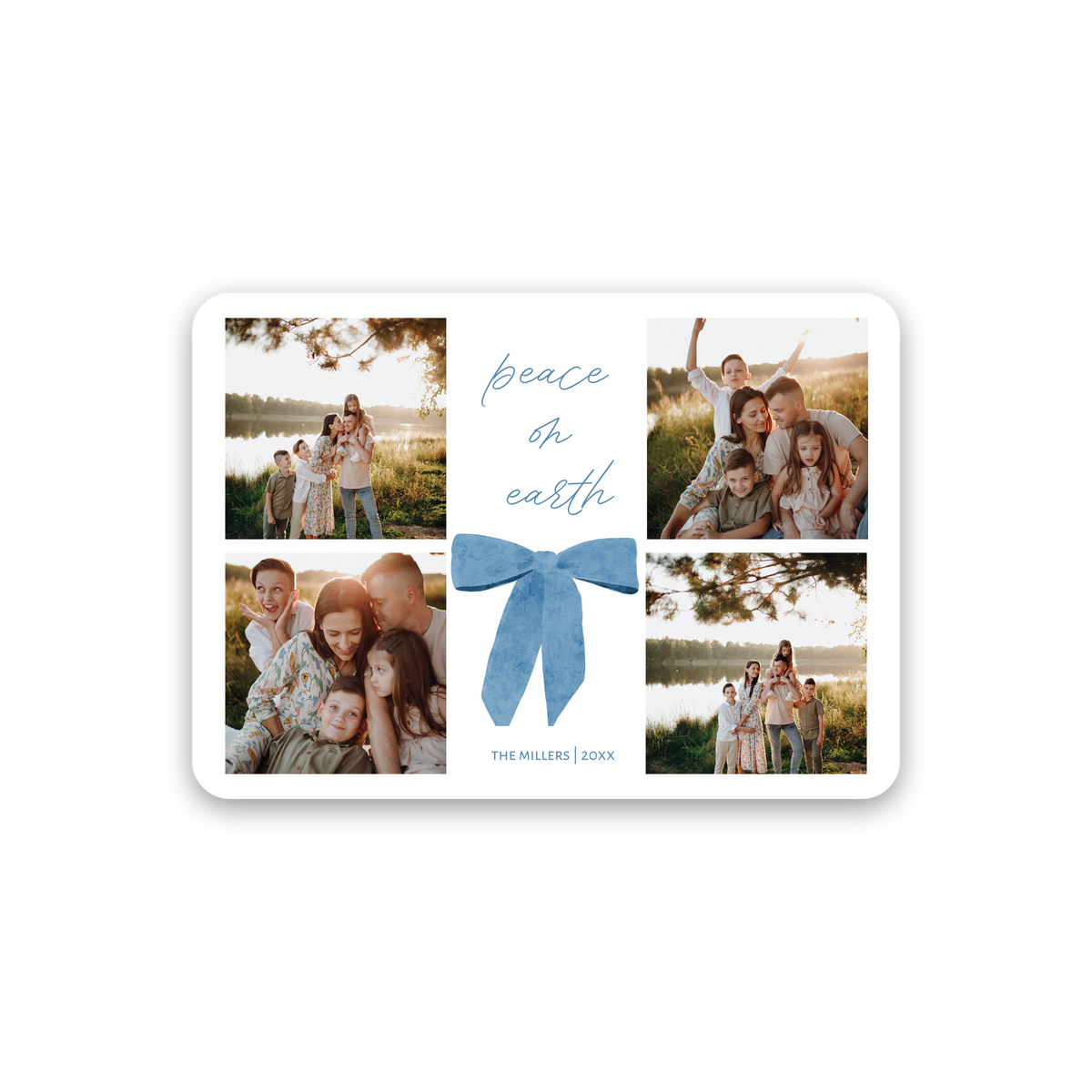 Four Photo Blue Bow Christmas Card with rounded corners