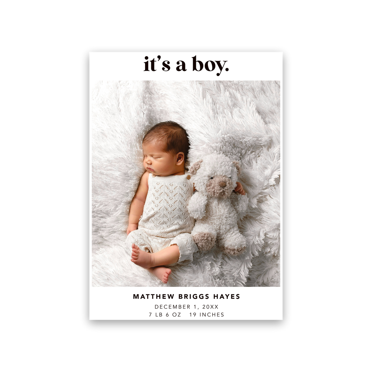 It's a Boy white birth announcement card