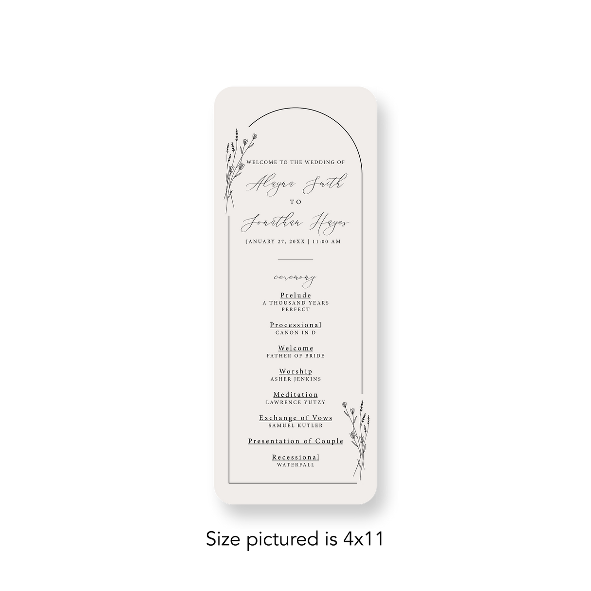 Arched Wildflower wedding program rounded corners