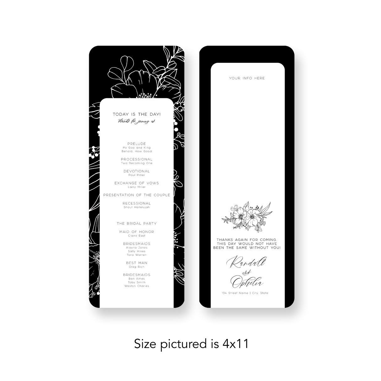 Classy Black Floral wedding program rounded corners