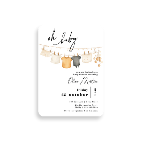 Clothesline baby shower invitation rounded corners