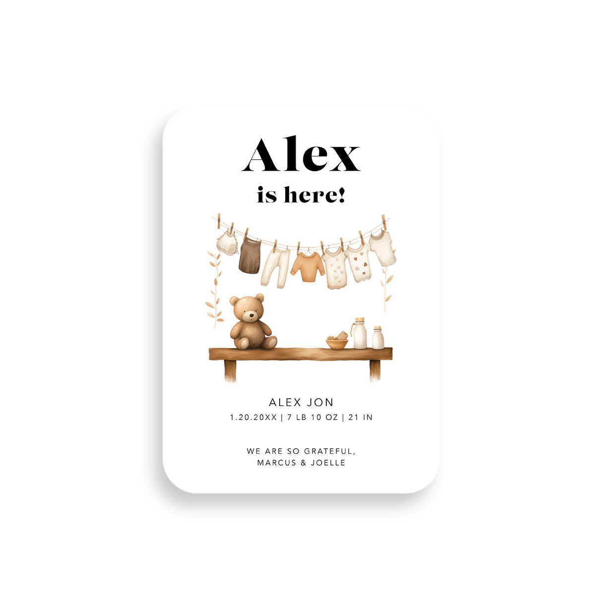 Clothesline birth announcement rounded corners