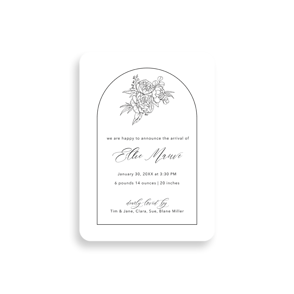 Floral Outline birth announcement rounded corners