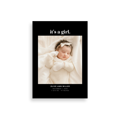 It's a Girl black birth announcement