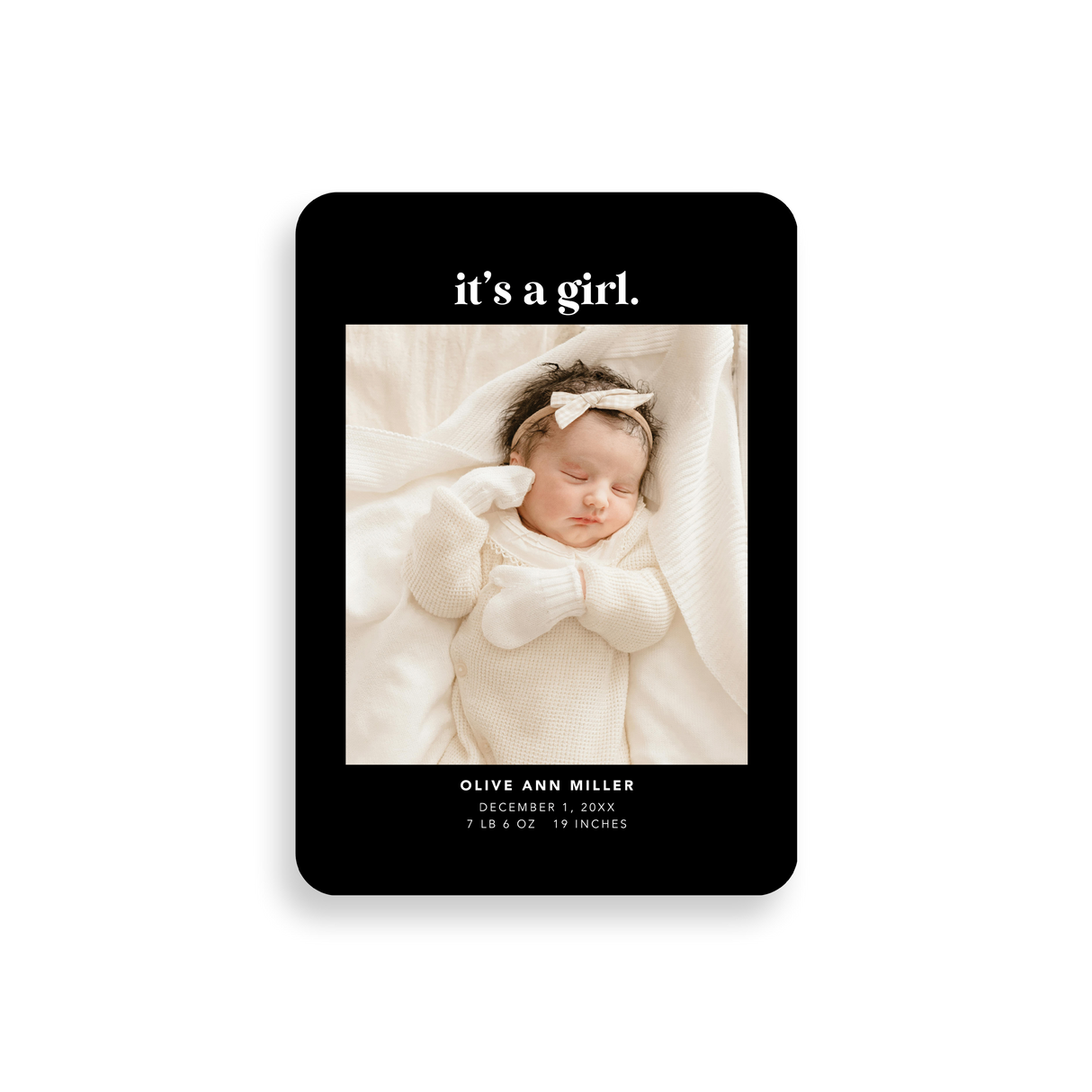 It's a Girl black birth announcement rounded corners