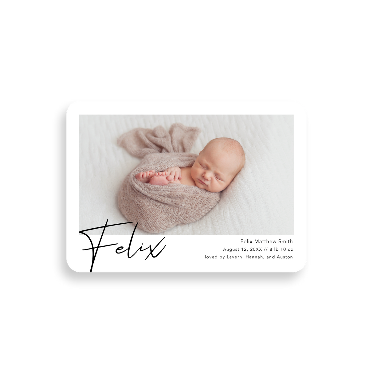 Name Script birth announcement rounded corners
