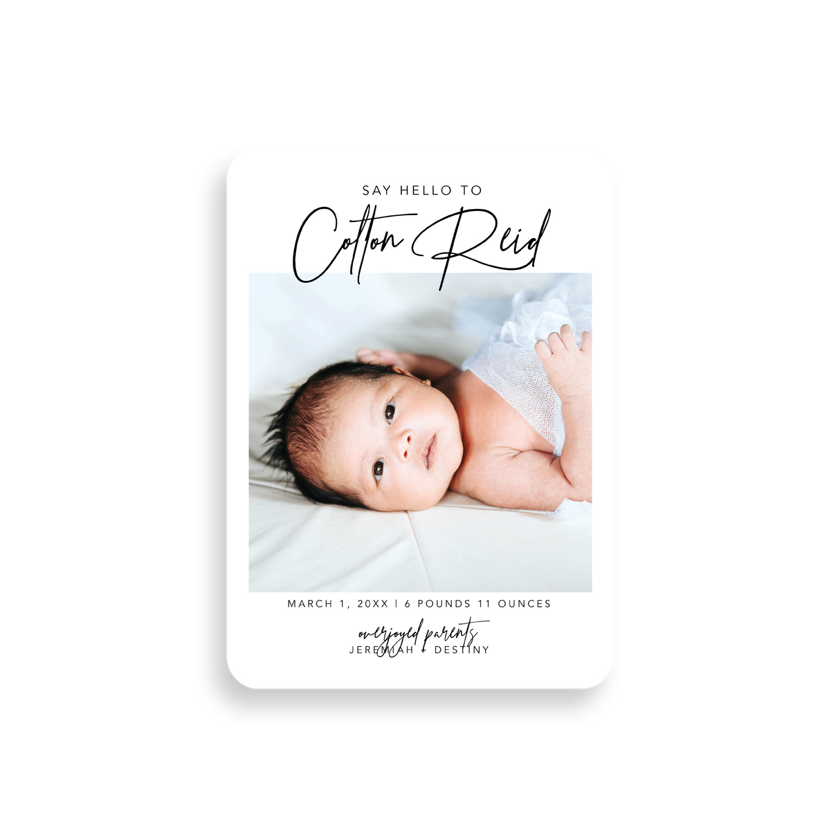 White Classic birth announcement rounded corners