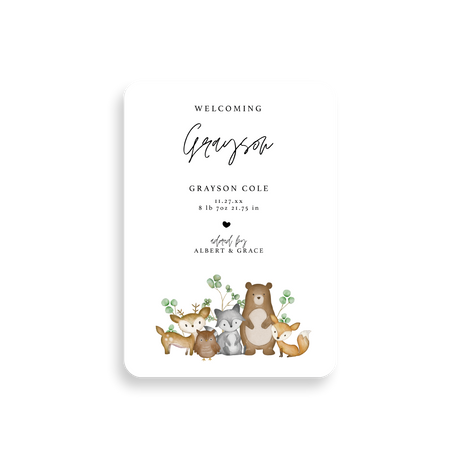 Woodland Creatures birth announcement rounded corners