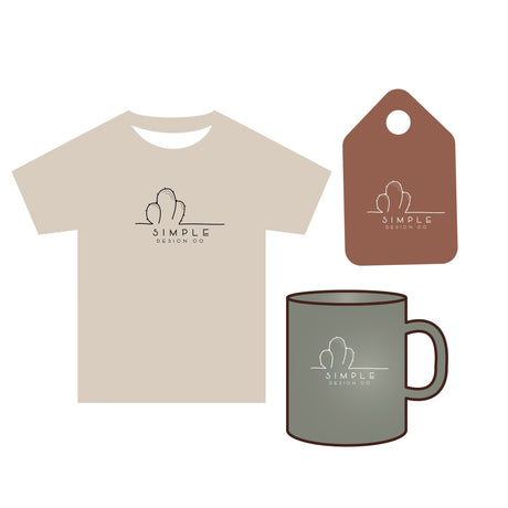 Logo applied to a t-shirt, hang tag, and mug showing how one logo works across formats