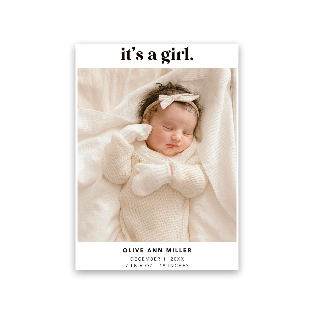 It's a Girl white birth announcement card