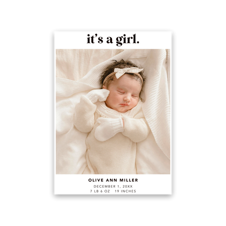 It's a Girl white birth announcement card