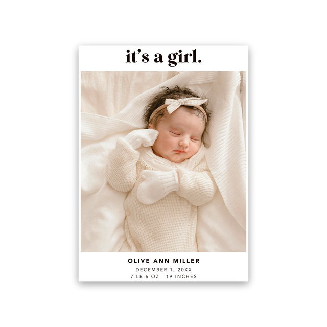 It's a Girl white birth announcement card