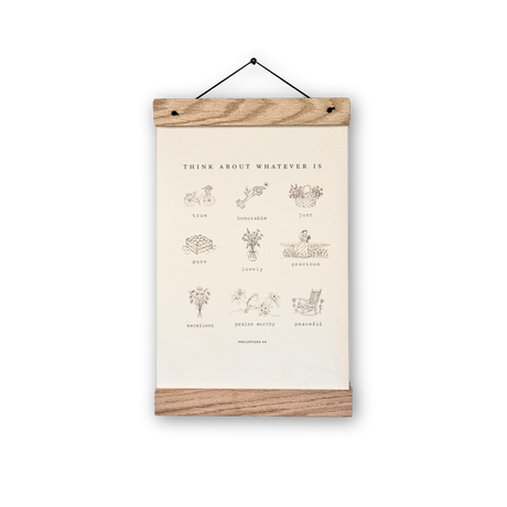 Think On These Things 11x17 print with wooden magnetic hanger