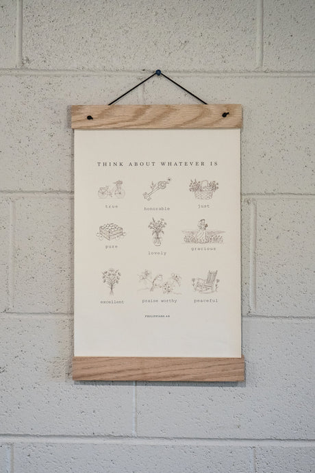 Think On These Things 11x17 print styled hanging on a wall