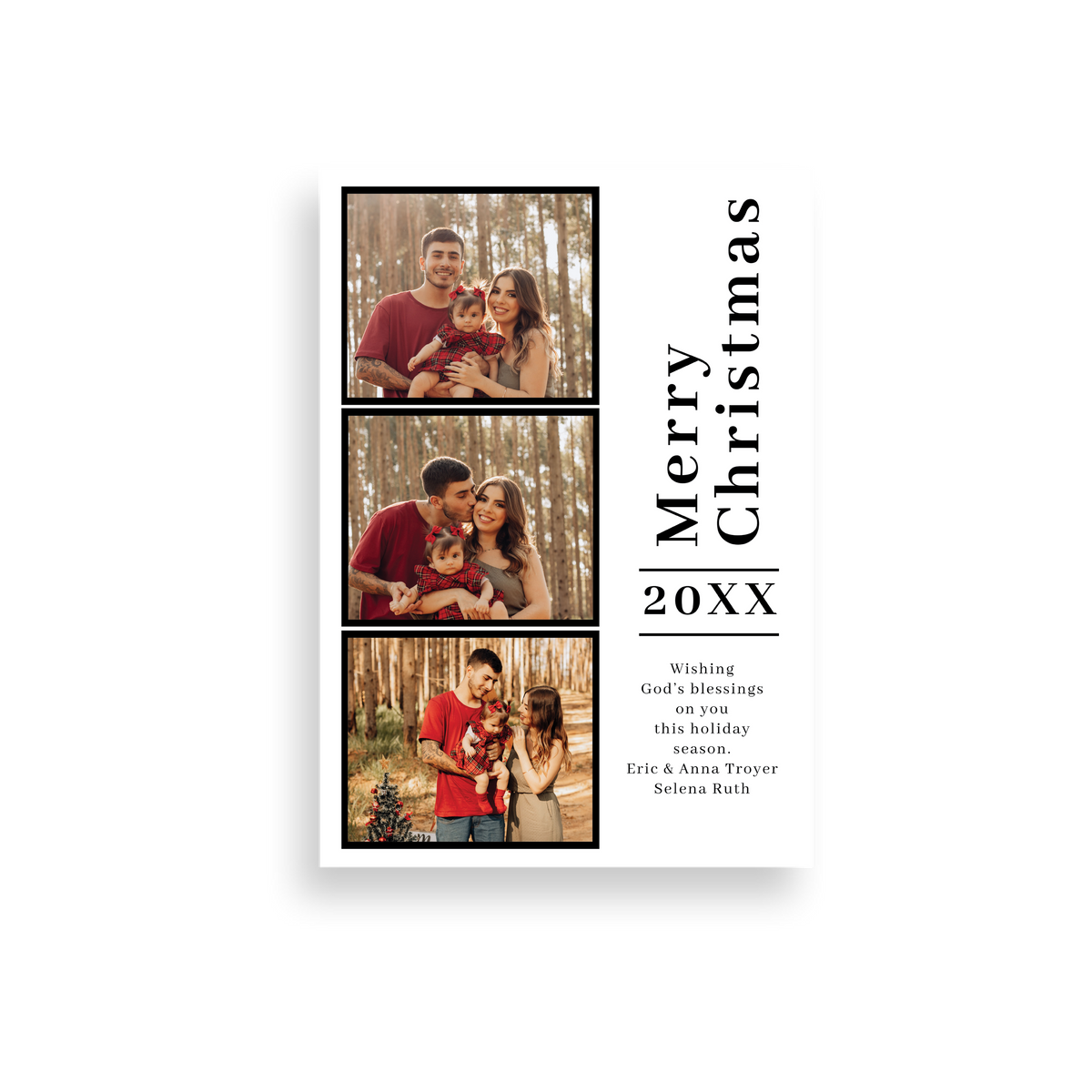 Three Photo Black Frame Christmas Card front