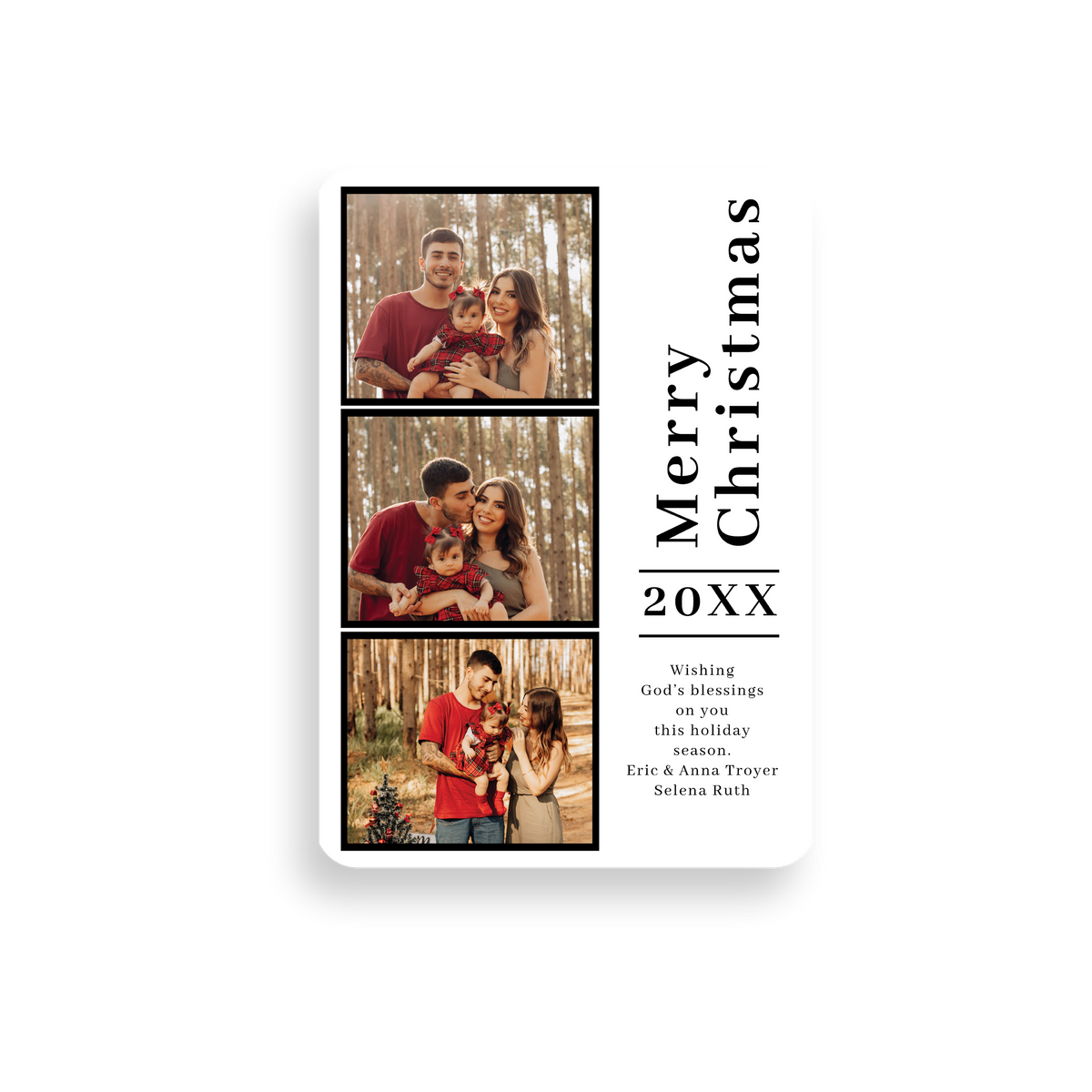 Three Photo Black Frame Christmas Card with rounded corners