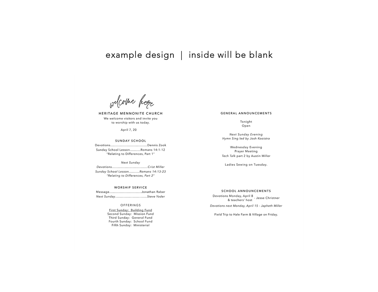 Sample of the blank inside and back of the bulletin, ready to print your details