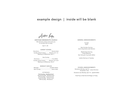 Sample of the blank inside and back of the bulletin, ready to print your details